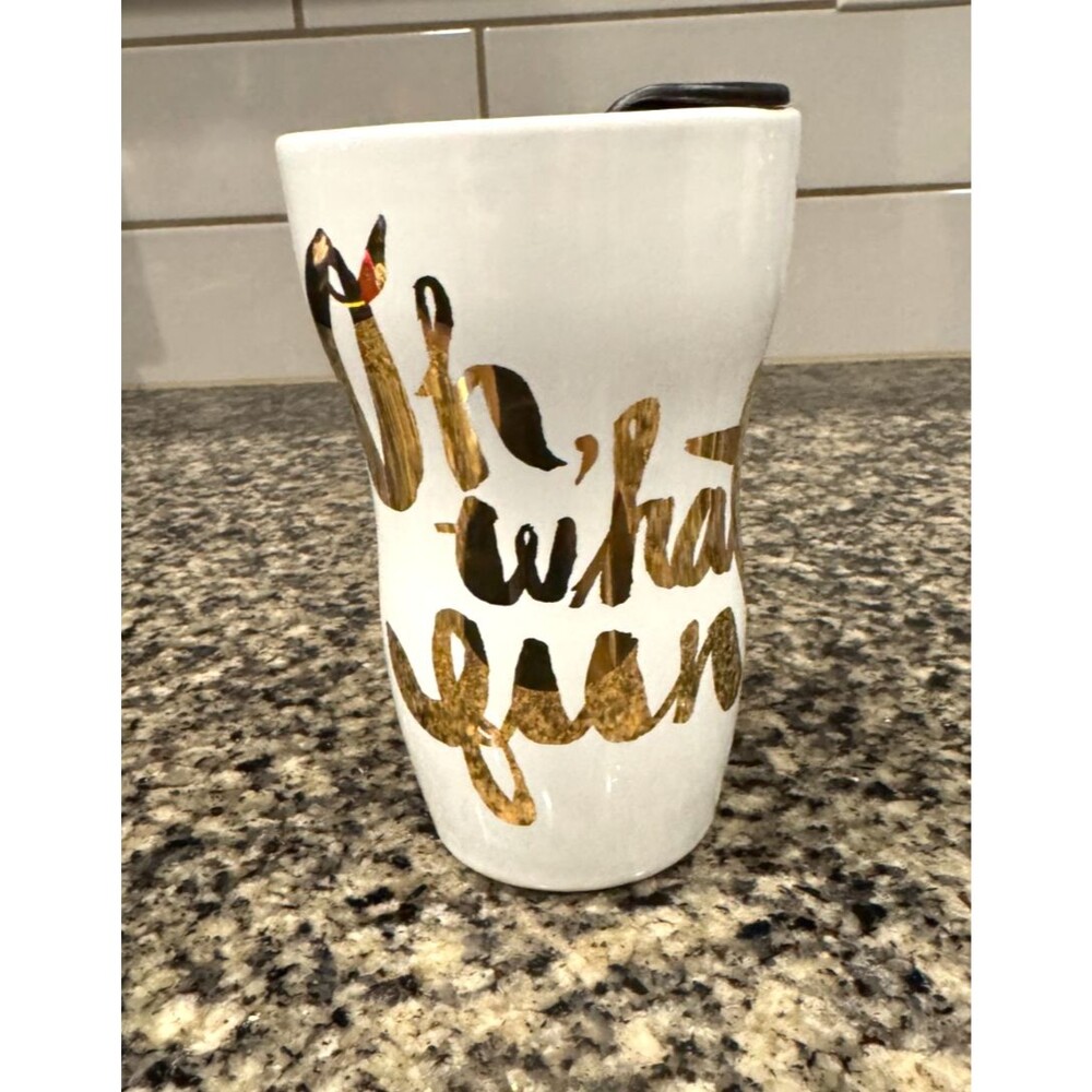 Starbucks 2014 Oh What Fun  White Gold Ceramic 9 OZ Travel Coffee Tumbler Mug